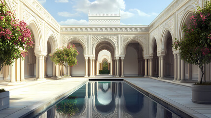 A serene courtyard with intricately carved arches and reflecting pools. Moorish Courtyard. Illustration