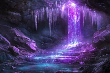 A mystical cave with glowing purple crystals and a pool of water at the bottom.