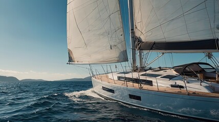 A sailing yacht gliding across calm waters under a clear sky.
