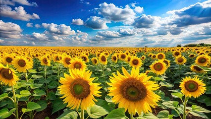 Beautiful sunflower field with rows of vibrant yellow flowers under a bright blue sky , sunflowers, field, nature, summer