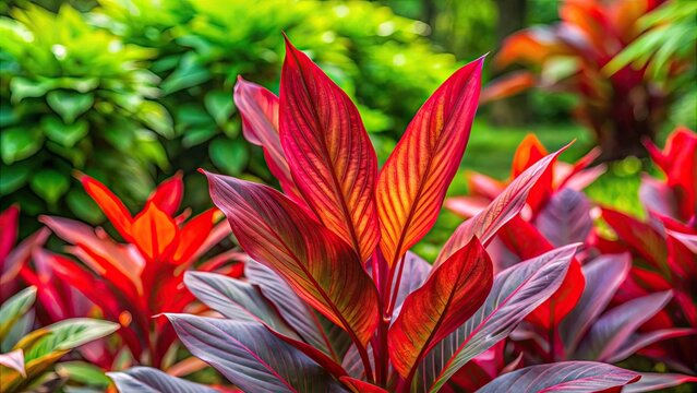 Vibrant copperleaf plant with brilliant red foliage in a lush tropical garden, tropical, garden, Acalypha wilkesiana