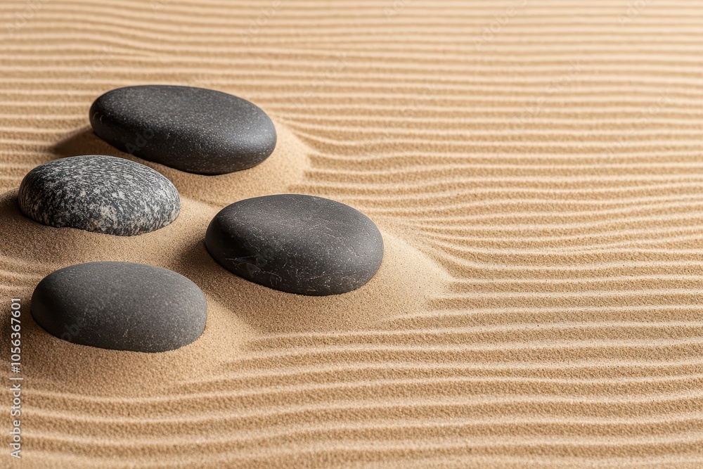 Poster a serene arrangement of smooth stones on patterned sand, creating a tranquil and minimalist aestheti