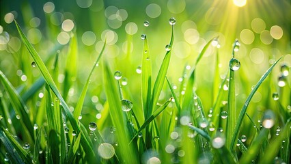 Fototapeta premium A close-up shot of lush green grass with dew drops, spring, nature, outdoor, garden, fresh, texture, vibrant, summer