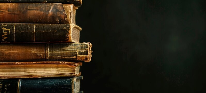 Vintage stacked books on a dark wooden bookshelf creating a moody and nostalgic atmosphere  This image represents the concept of education literature academic knowledge