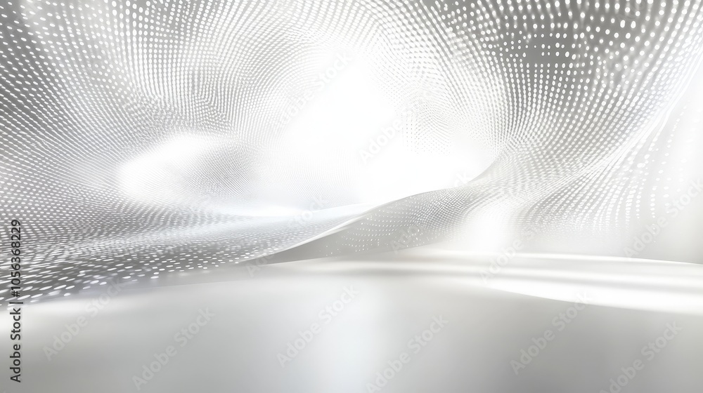 Poster clean, white backdrop with sophisticated abstract light patterns and technology motifs