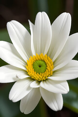 Obraz premium High resolution close up image of a white flower in a green forest. Focus on the details of the white flower including its texture flower finish and any safety features. Soft forest background