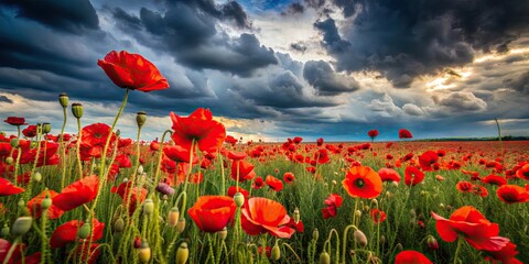 Obraz premium Vibrant red poppies in a field against dark, cloudy skies evoking feelings of remembrance, remembrance, poppies, field, vibrant