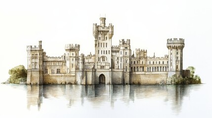 Fototapeta premium Clean white background featuring artistic representations of Leeds Castle Mansion architecture, capturing its castle design