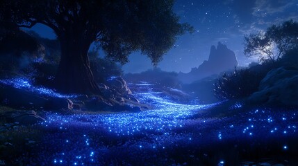 Fototapeta premium A lone tree stands tall in a field of glowing blue flowers under a starry night sky.