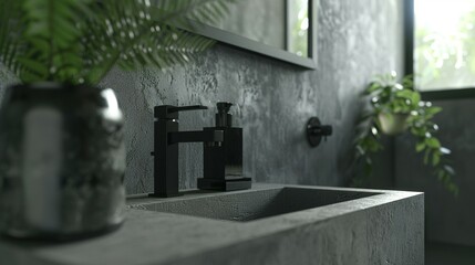 Modern Bathroom Sink with Black Faucet and Soap Dispenser