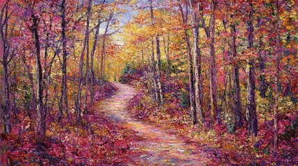 Fototapeta premium Vibrant Autumn Pathway through Colorful Forest