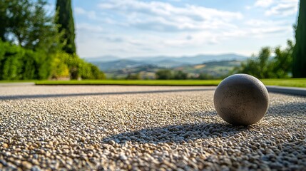 Bocce Ball Resting on Gravel in Outdoor Setting