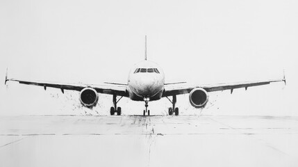 Clean white canvas depicting a contemporary jetliner landing on an airport runway, focusing on the details of the aircraft's design and landing gear