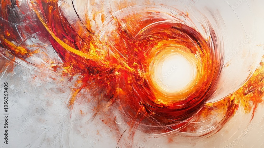 Poster clean white canvas displaying a bright circular energy with fiery flames and radiant patterns, empha