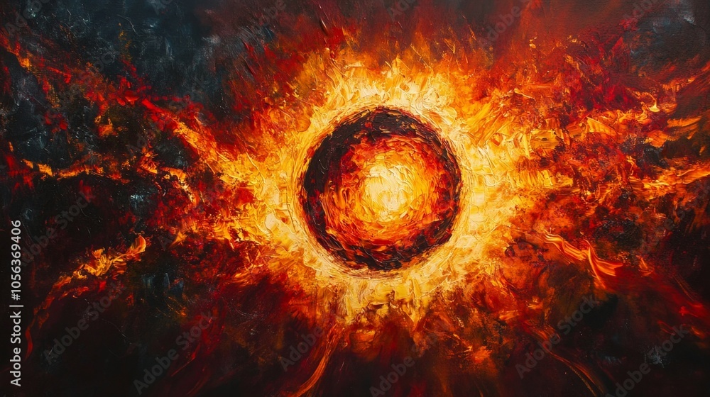 Poster clean white canvas displaying a bright circular energy with fiery flames and radiant patterns, empha