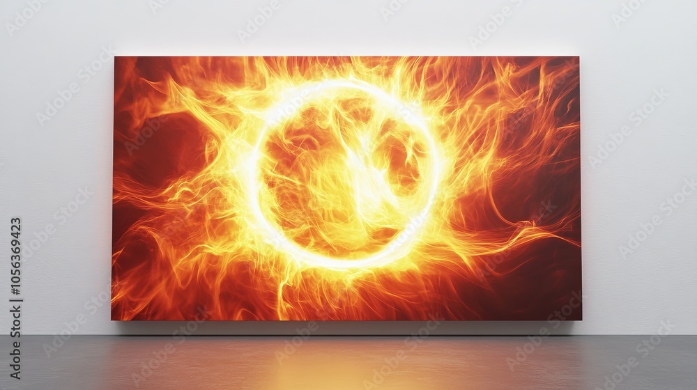 Poster clean white canvas displaying a bright, circular fiery energy with pulsating flames and smooth lines
