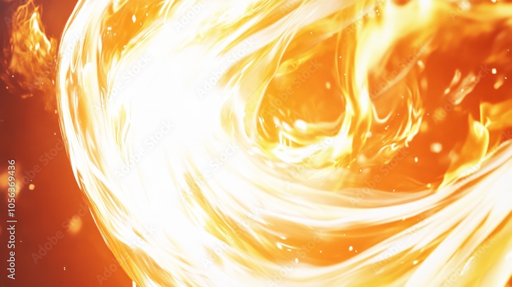 Poster clean white canvas displaying a bright, circular fiery energy with pulsating flames and smooth lines