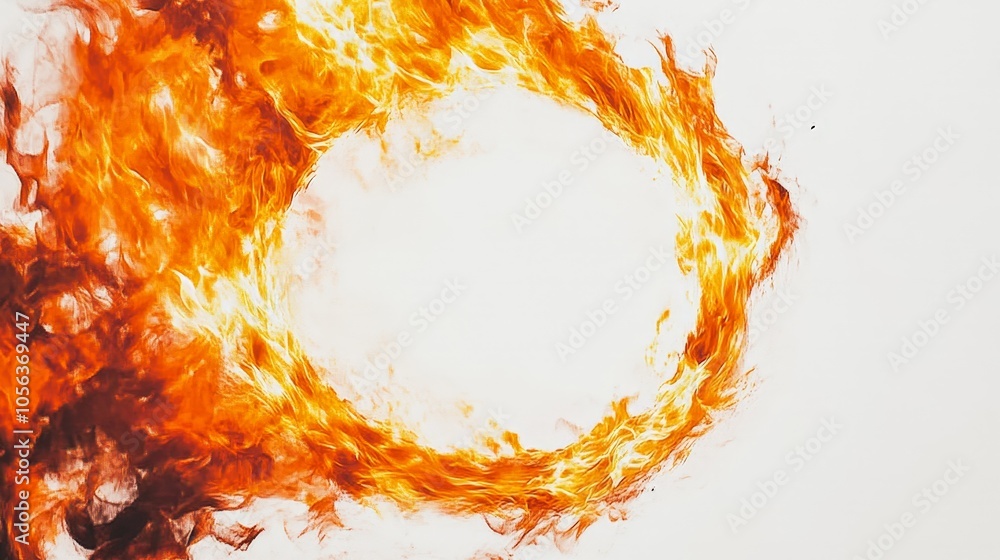 Poster clean white canvas displaying a bright, circular fiery energy with radiant lines and pulsating flame