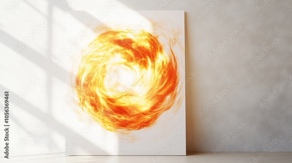 Poster clean white canvas displaying a bright, circular fiery energy with pulsating flames and smooth lines