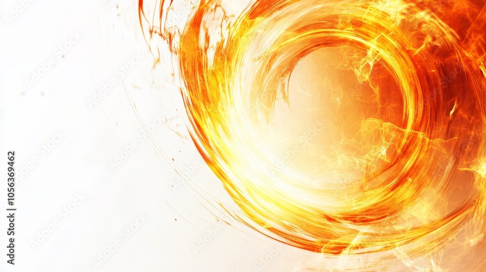 Poster clean white canvas displaying a bright, circular fiery energy with radiant lines and pulsating flame