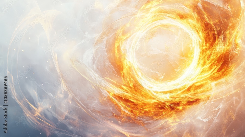 Poster clean white canvas displaying a bright circular energy with fiery flames and radiant patterns, empha