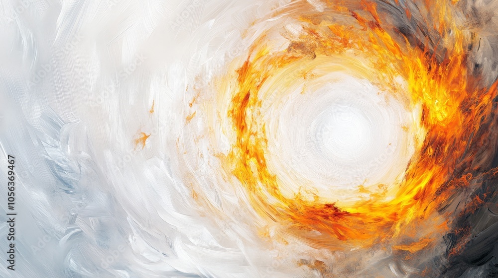 Poster clean white canvas displaying a bright circular energy with fiery flames and radiant patterns, empha