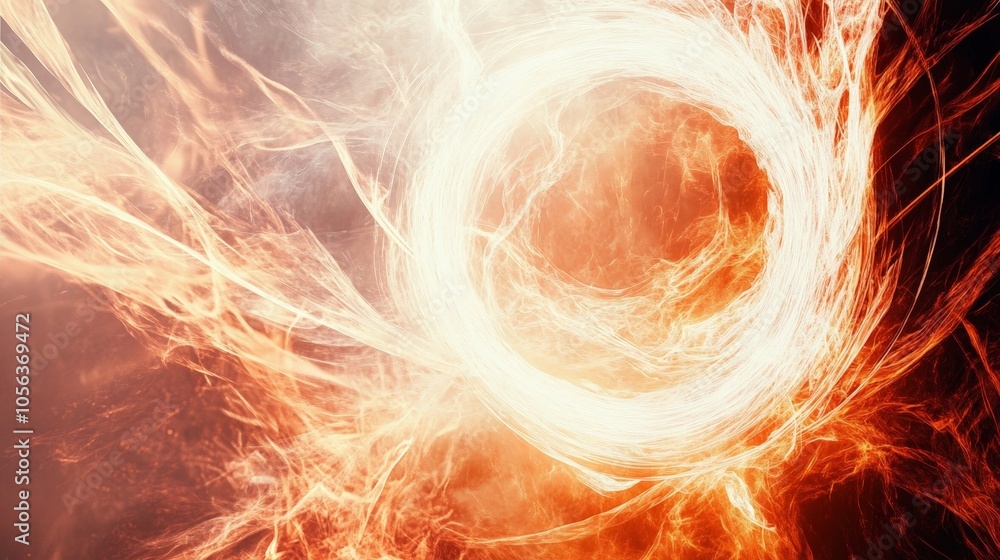Poster clean white canvas displaying a bright, circular fiery energy with radiant lines and pulsating flame