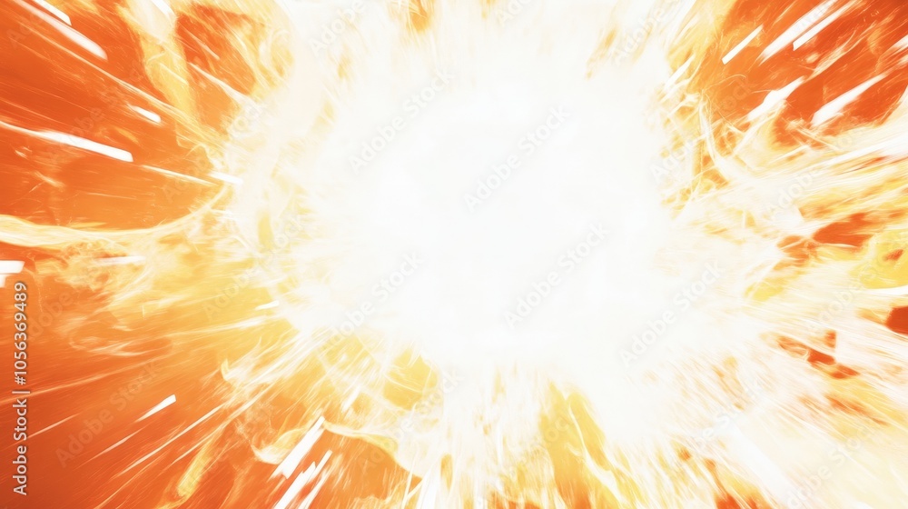 Poster clean white canvas displaying a bright, circular fiery energy with radiant lines and pulsating flame