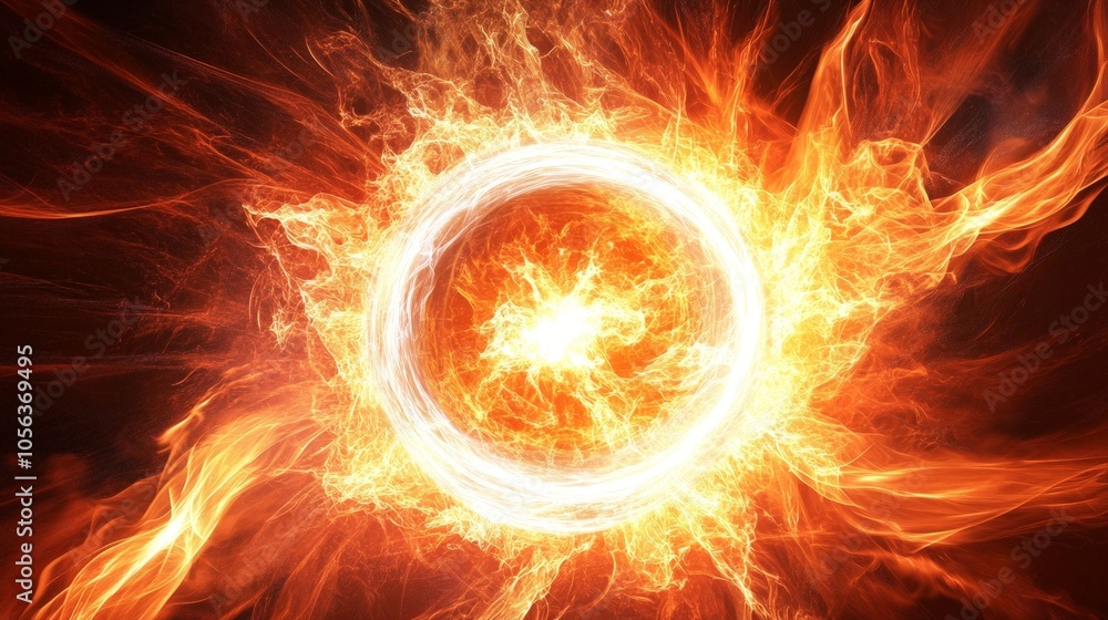 Poster clean white canvas displaying a bright, fiery circular energy with dynamic flames and radiant patter