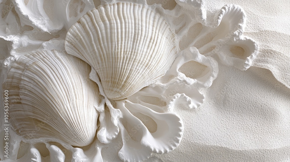 Poster clean white canvas displaying a close-up of a sea shell and clam, highlighting their textures and un