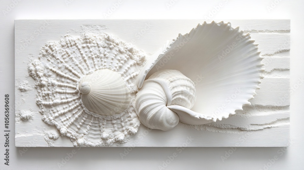 Poster clean white canvas displaying a close-up of a conch shell and clam, showcasing their intricate patte