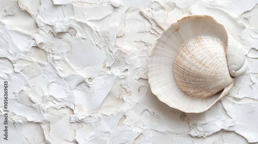 Poster clean white canvas displaying a close-up of a sea shell and clam, highlighting their textures and un