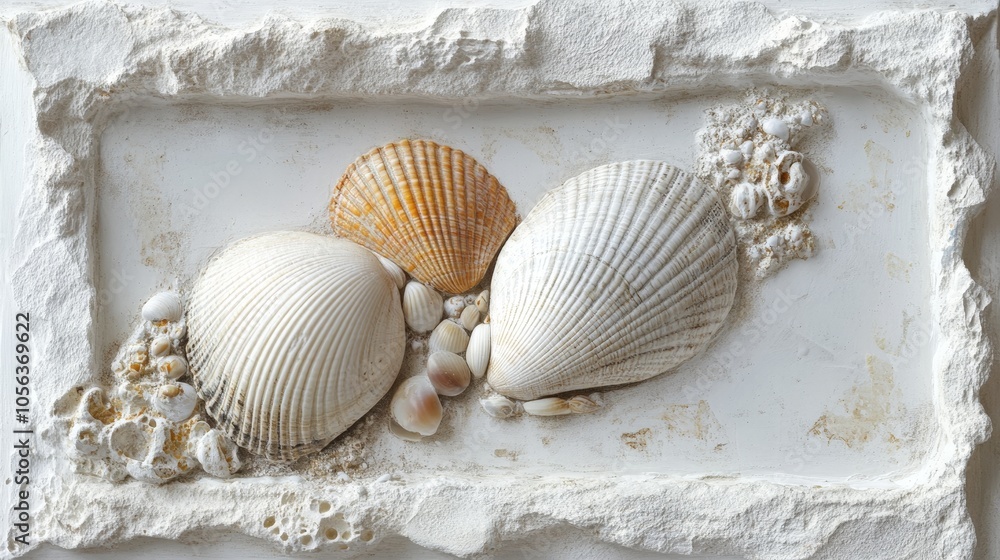 Poster clean white canvas displaying a close-up of a sea shell and clam, highlighting their textures and un