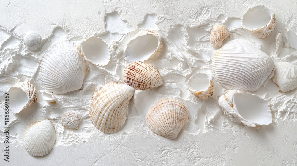Poster clean white canvas displaying a collection of beach seashells and clams, showcasing their unique sha