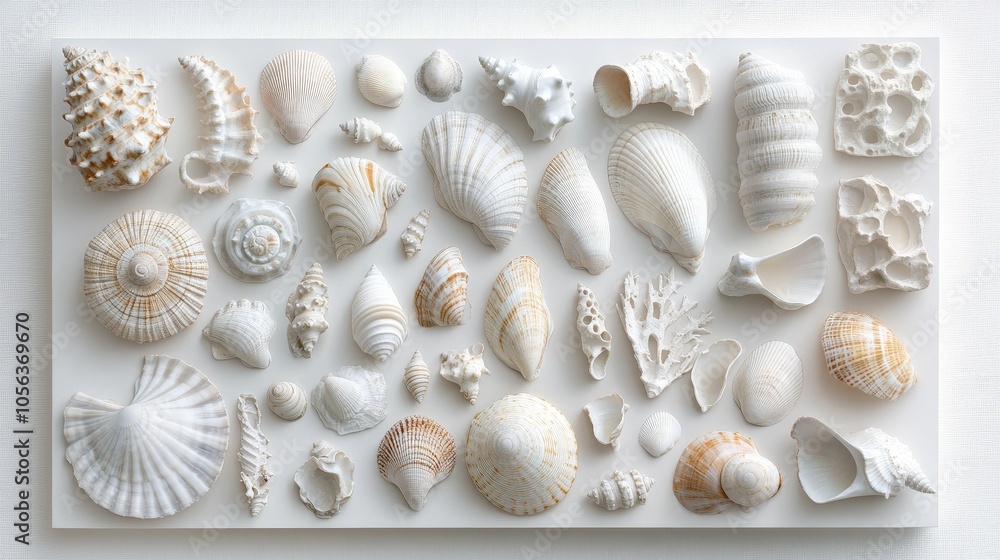 Poster clean white canvas displaying a collection of beach seashells and clams, showcasing their unique sha