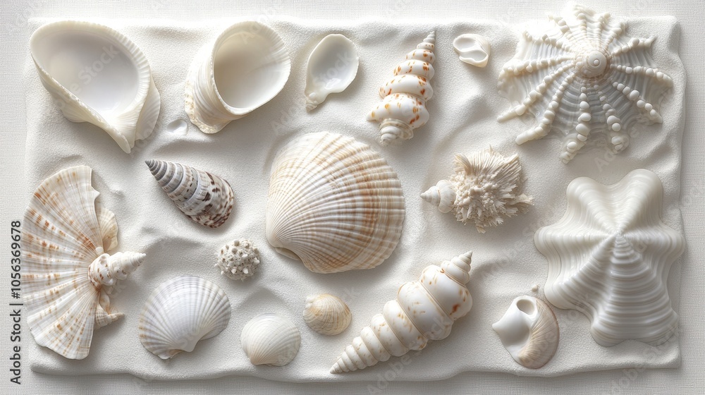 Poster clean white canvas displaying a collection of beach seashells and clams, showcasing their unique sha