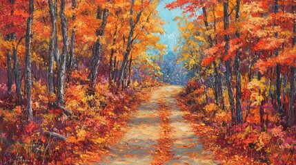 Fototapeta premium Autumn Pathway Through Vibrant Fall Foliage