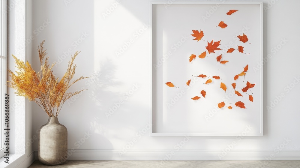 Poster clean white canvas displaying a flurry of falling autumn maple leaves, evoking a sense of tranquilit