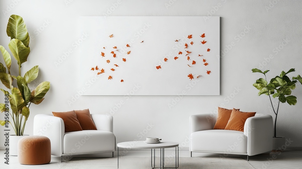Poster clean white canvas displaying a flurry of falling autumn maple leaves, evoking a sense of tranquilit