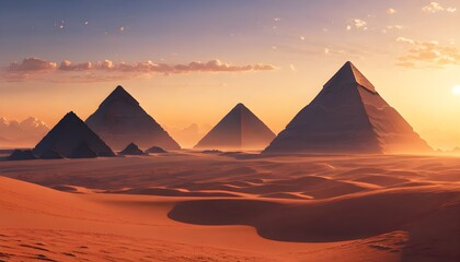 Majestic silhouette of Egyptian pyramids against a stunning sunset backdrop