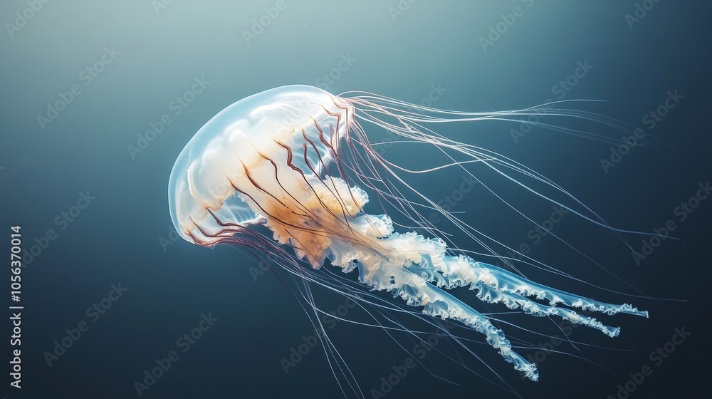 Poster clean white canvas displaying a mesmerizing jellyfish, with its ethereal tentacles and translucent b