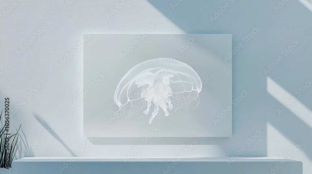 Poster clean white canvas displaying a mesmerizing jellyfish, with its ethereal tentacles and translucent b