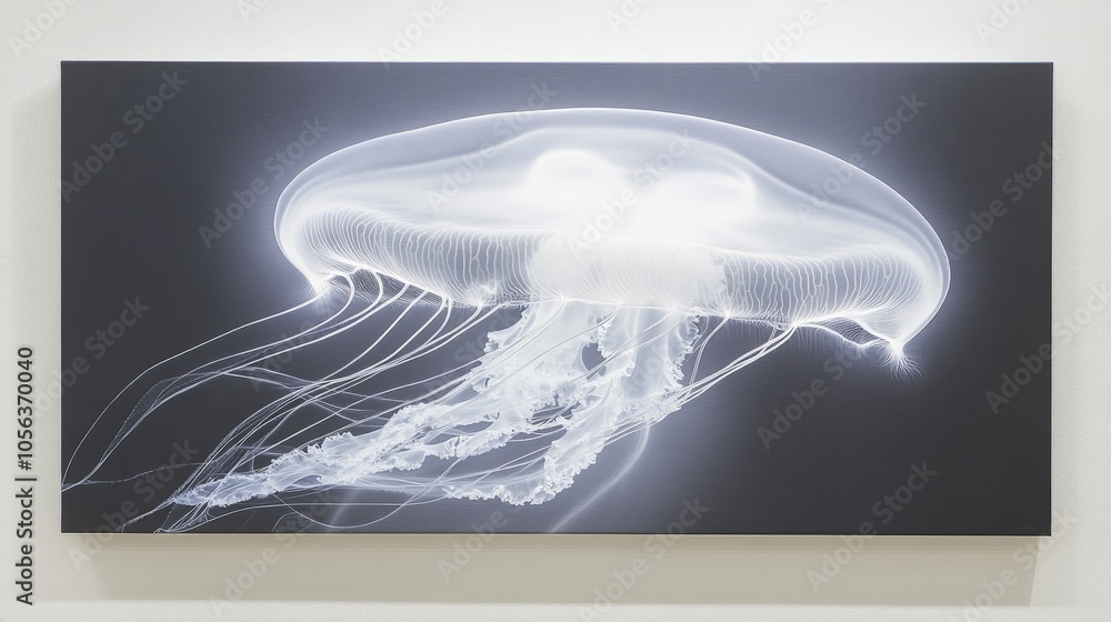 Poster clean white canvas displaying a mesmerizing jellyfish, with its ethereal tentacles and translucent b