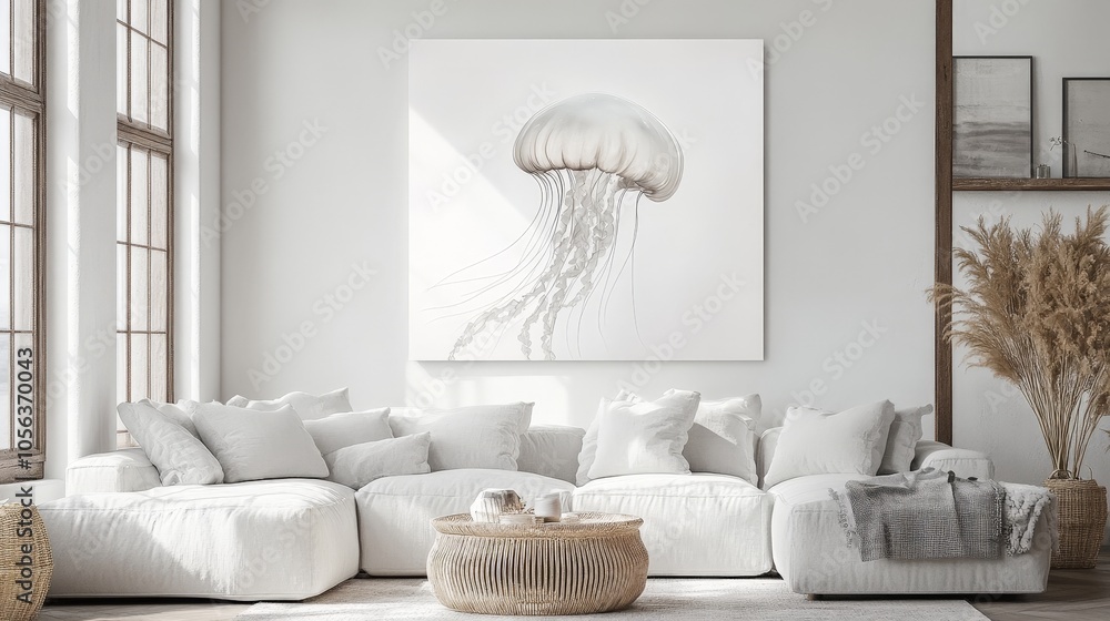Poster clean white canvas displaying a mesmerizing jellyfish, with its ethereal tentacles and translucent b