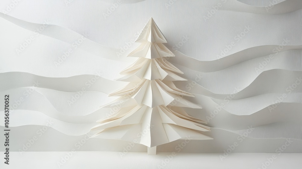 Poster clean white canvas displaying a meticulously designed origami christmas tree, focusing on the detail