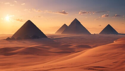 Majestic silhouette of Egyptian pyramids against a stunning sunset backdrop