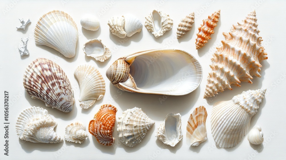 Poster clean white canvas displaying a single clam alongside a selection of beach seashells, showcasing the