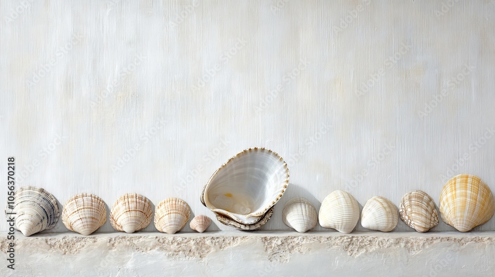 Poster clean white canvas displaying a single clam alongside a selection of beach seashells, showcasing the