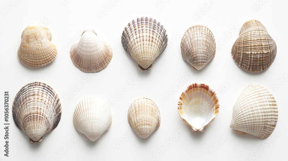 Poster clean white canvas displaying a single clam alongside a selection of beach seashells, showcasing the