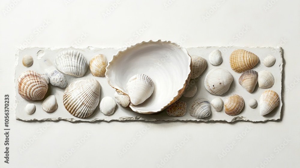 Poster clean white canvas displaying a single clam alongside a selection of beach seashells, showcasing the